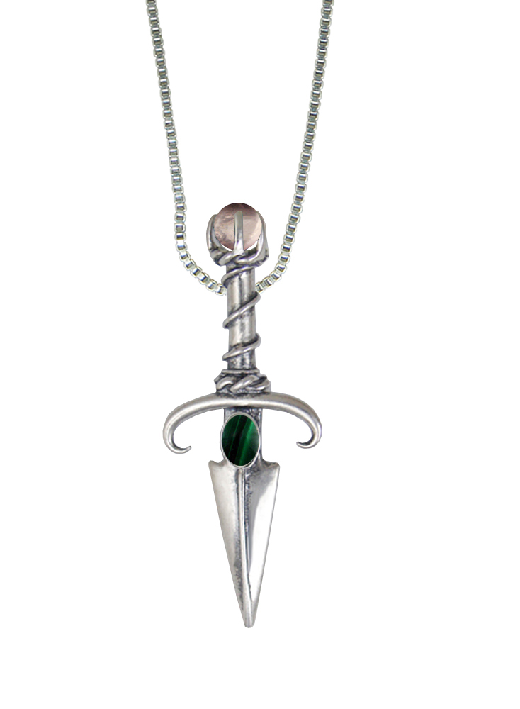 Sterling Silver Black Prince's Knife Dagger Pendant With Malachite And Rose Quartz